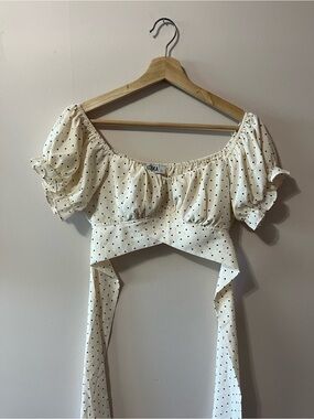 Cream Polka Dot Puff Sleeve Wrap Crop Top